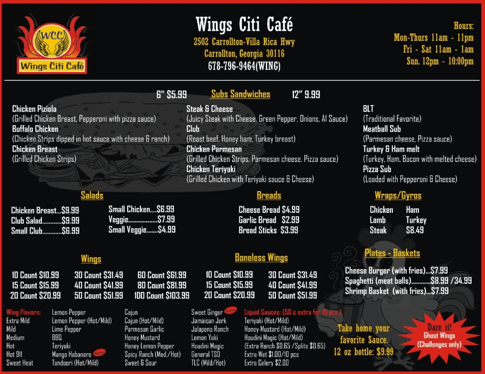 Wings Citi Café menu — Subs, Salads, Wings, Boneless Wings, Wraps, Plates, Sauces