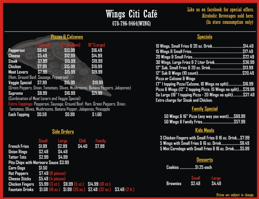 Wings Citi Café menu — Pizzas, Calzones, Sides, Specials, Family Specials, Kids Meals